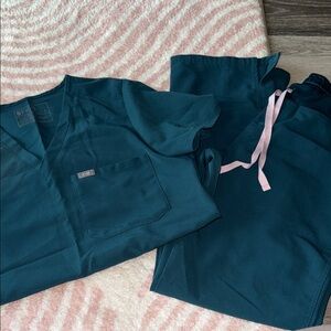 Figs Deep Teal Scrub Set with Light Pink Accents